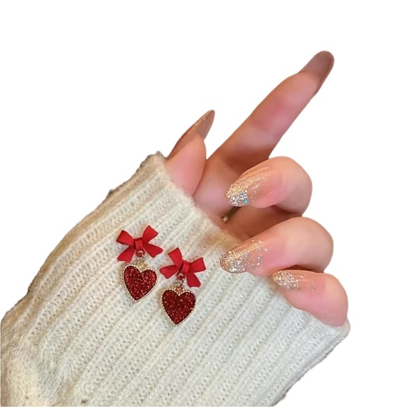 Red and Gold Bowknot Drop Earrings - Picture 3 of 7